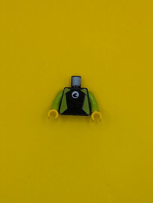 973pb2739c01 Torso Wetsuit with Dark Green Collar, Lime Panels, Wave Logo on White Circle, Silver Zipper with Pull Cord on Back Pattern / Lime Arms / Yellow Hands Lego Part