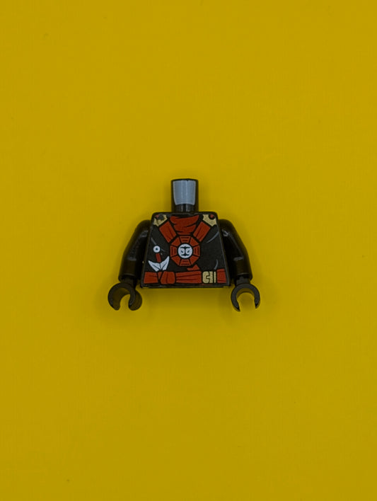 Torso Ninjago Red and Gold Straps and Belt, Round Emblem, Weapons and Dark Red Undershirt Pattern / Black Arms / Black Hands 973pb2077c01 Lego
