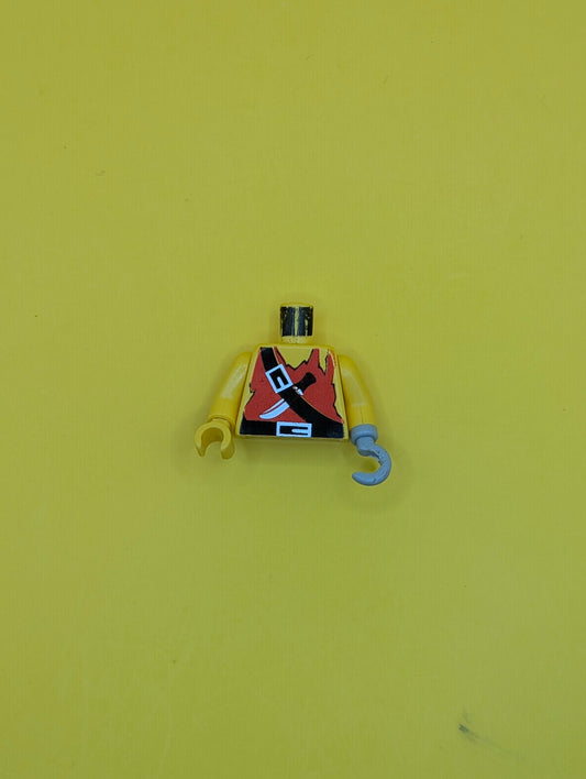 Torso Pirate Red Tank Top Tattered, Black Belts with Silver Buckles, Knife Pattern / Yellow Arms / Light Gray Hook Left / Yellow Hand Right 973p3ac01 Lego