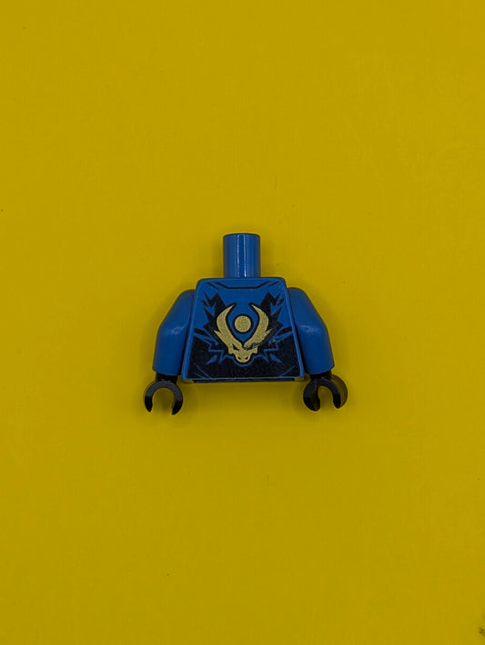 Torso Ninja Robe with Dark Blue Trim and Gold Buckles over Bright Light Yellow Sash, Ninjago Logogram Letter J in Circle, Dragon Head and Orb on Back Pattern / Blue Arms / Dark Blue Hands 973pb5251c01 Lego