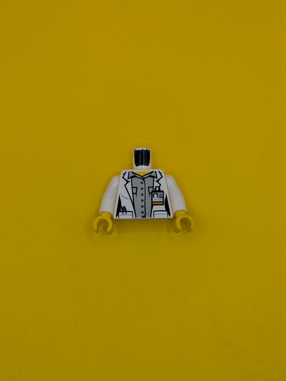 Torso Female Lab Coat Open with Pockets and ID Badge over Light Bluish Gray Button Up Shirt, Yellow Neck Pattern / White Arms / Yellow Hands 973pb2505c01 Lego