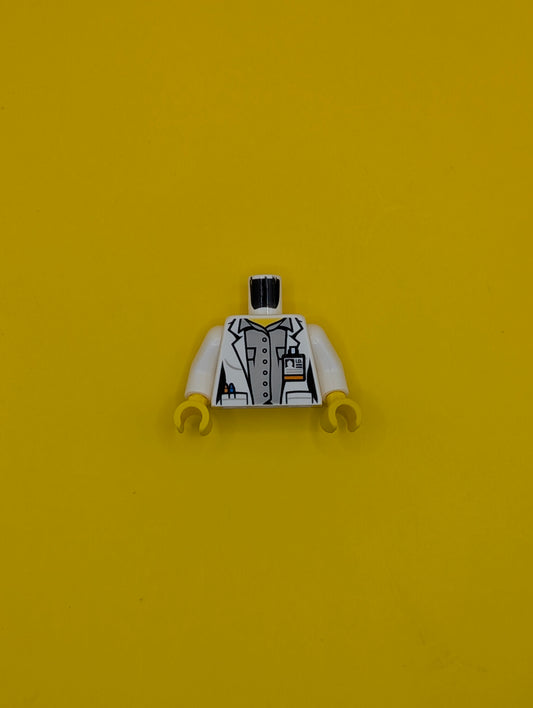 Torso Female Lab Coat Open with Pockets and ID Badge over Light Bluish Gray Button Up Shirt, Yellow Neck Pattern / White Arms / Yellow Hands 973pb2505c01 Lego