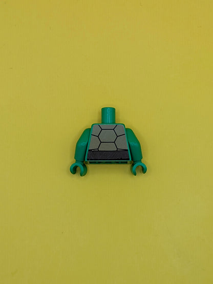 973pb1369c01 Torso Tan and Dark Tan Turtle Shell, Dark Brown Belt and Strap with Gold Ring Pattern / Bright Green Arms / Bright Green Hands Lego Part