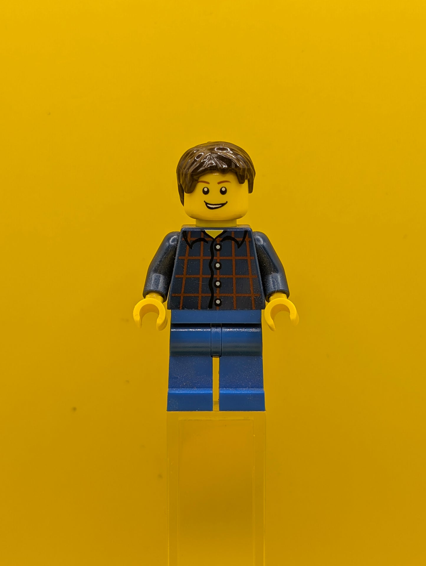 Plaid Button Shirt cty0177 Blue Legs, Dark Brown Short Tousled Hair, Lopsided Grin with Teeth City Lego Minifigure