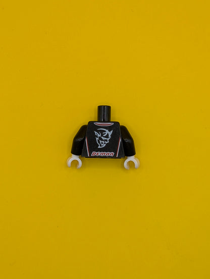 973pb3427c01 Torso Racing Suit with Demon Logo, White and Red Stripes Pattern / Black Arms / White Hands Lego Part