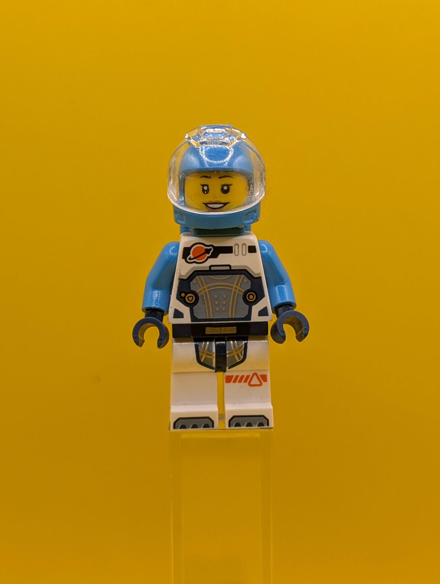 Astronaut cty1707 Female, White Spacesuit with Dark Azure Arms, Dark Azure Helmet, Trans-Clear Visor, Dark Azure Jet Pack, Hearing Aid City Lego Minifigure