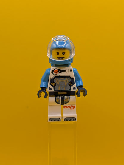 Astronaut cty1707 Female, White Spacesuit with Dark Azure Arms, Dark Azure Helmet, Trans-Clear Visor, Dark Azure Jet Pack, Hearing Aid City Lego Minifigure