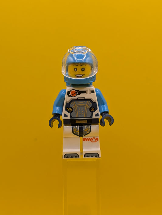 Astronaut cty1707 Female, White Spacesuit with Dark Azure Arms, Dark Azure Helmet, Trans-Clear Visor, Dark Azure Jet Pack, Hearing Aid City Lego Minifigure