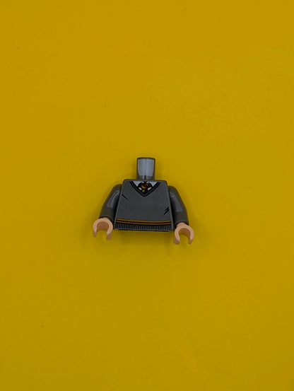 973pb3192c01 Torso V-Neck Sweater, White Collar, Red and Yellow Tie and Waist Trim (Gryffindor) Pattern / Dark Bluish Gray Arms / Light Nougat Hands Lego Part