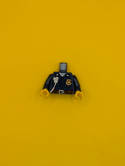 Torso Police Uniform with Gold Badge over White Shirt, Silver Radio, Reddish Brown Belt with Buckle and Pouches Pattern / Dark Blue Arms / Yellow Hands 973pb3011c01 Lego
