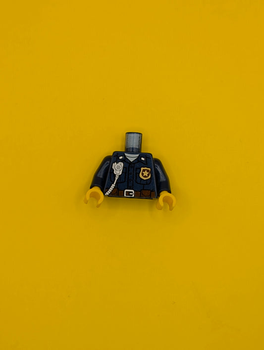 Torso Police Uniform with Gold Badge over White Shirt, Silver Radio, Reddish Brown Belt with Buckle and Pouches Pattern / Dark Blue Arms / Yellow Hands 973pb3011c01 Lego