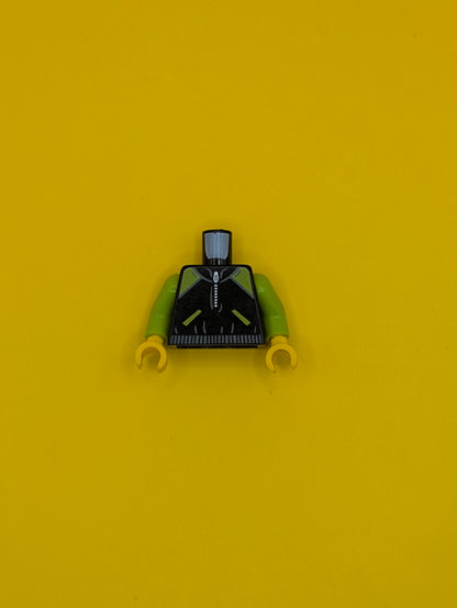973pb2347c01 Torso Jacket with Dark Bluish Gray Waistband, Lime Shoulders and Pockets, and Silver Zipper Pattern / Lime Arms / Yellow Hands Lego Part