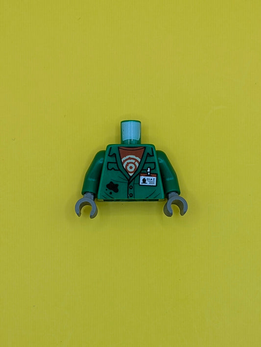 Torso Coveralls with Pockets, Red Undershirt with Circles, Silver 'DIAZ' ID Badge, Black Splotch Pattern / Green Arms / Dark Bluish Gray Hands 973pb3622c01 Lego