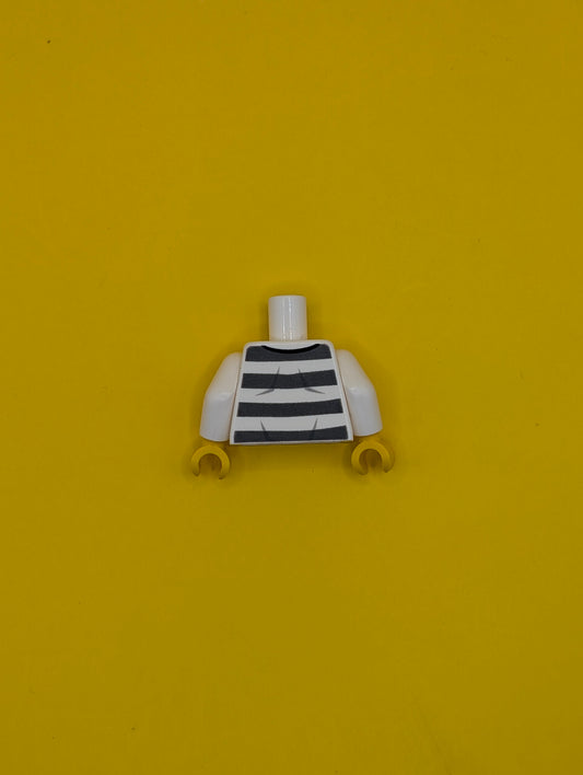 Torso Town Prisoner Number 86753, Dark Bluish Gray Stripes, Buttons, Dark Tan Undershirt Pattern / White Arms / Yellow Hands 973pb1557c01 Lego