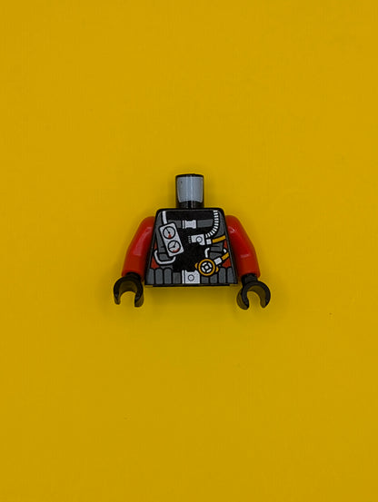 Torso Diving Suit with Dark Bluish Gray Harness, Gauges on Front, Hoses and Zipper on Back, Red Stripes on Sides Pattern / Red Arms / Black Hands 973pb2015c01 Lego