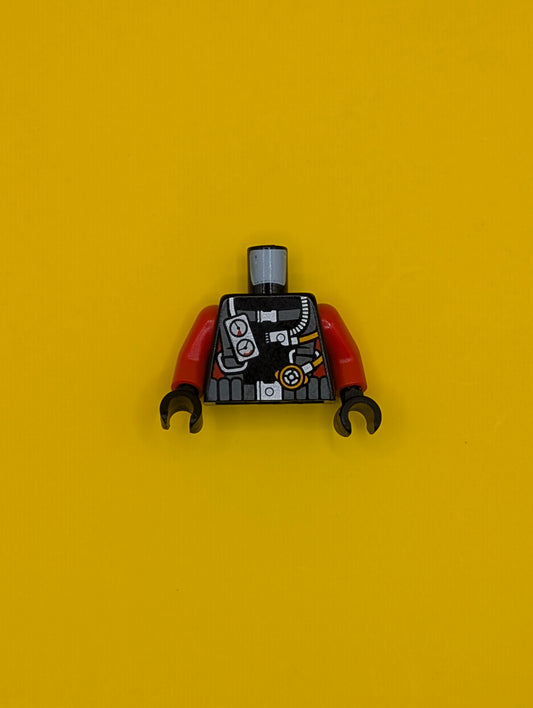 Torso Diving Suit with Dark Bluish Gray Harness, Gauges on Front, Hoses and Zipper on Back, Red Stripes on Sides Pattern / Red Arms / Black Hands 973pb2015c01 Lego