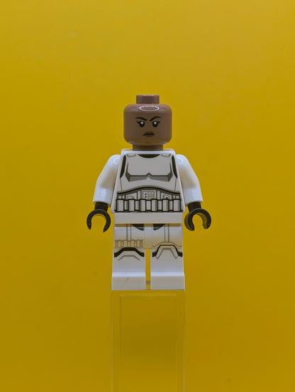 Imperial Stormtrooper sw1326 Female, Dual Molded Helmet with Light Bluish Gray Panels on Back, Shoulder Belts, Medium Brown Head Star Wars Lego Minifigure