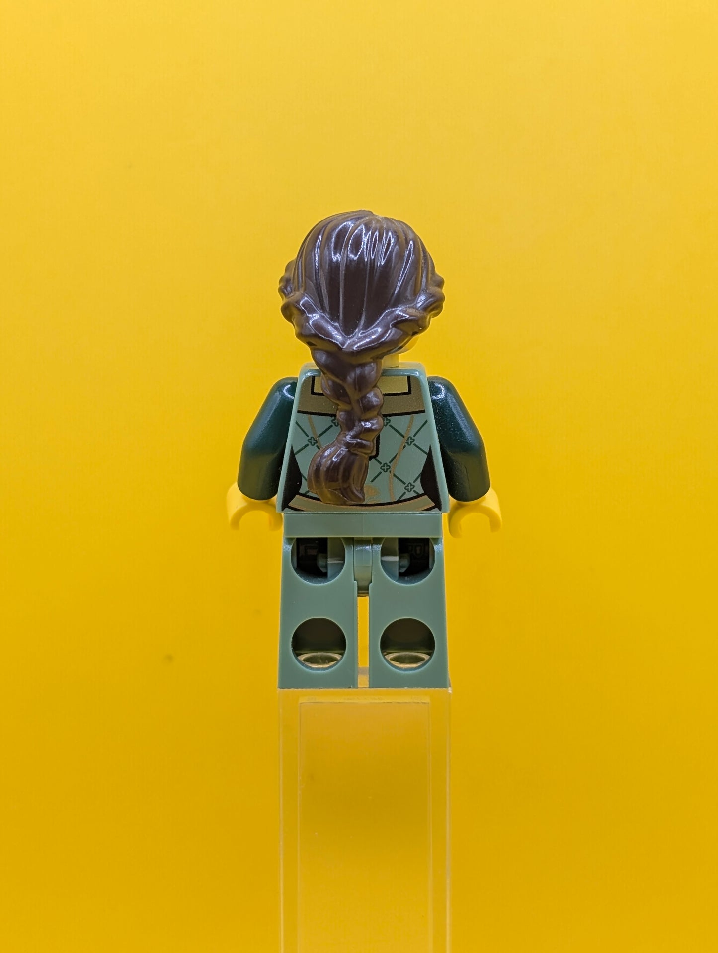 Sand Green Female cty0444 Corset with Gold Trimmed Front, Sand Green Legs, Dark Brown Hair Ponytail Long French Braided City Lego Minifigure