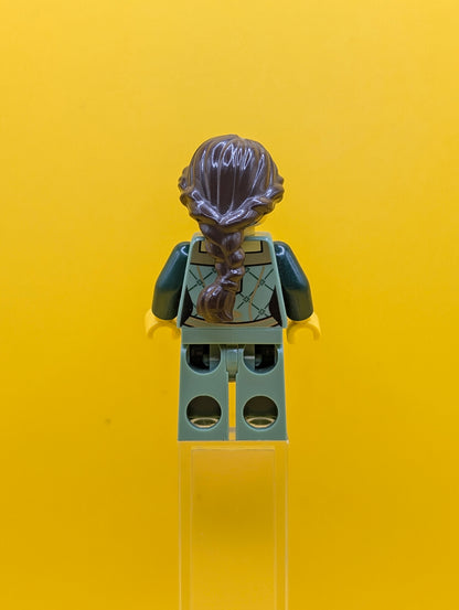 Sand Green Female cty0444 Corset with Gold Trimmed Front, Sand Green Legs, Dark Brown Hair Ponytail Long French Braided City Lego Minifigure