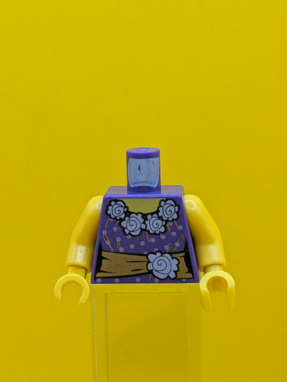 973pb1069c01 Torso Female Blouse with Lavender Dots and White Flowers Collar, Gold Sash with Flower and Bow, Yellow Neck Pattern / Yellow Arms / Yellow Hands Lego