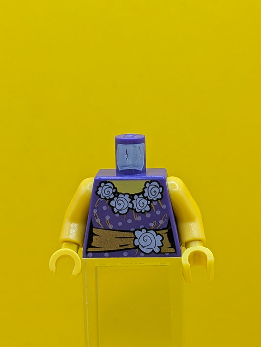 973pb1069c01 Torso Female Blouse with Lavender Dots and White Flowers Collar, Gold Sash with Flower and Bow, Yellow Neck Pattern / Yellow Arms / Yellow Hands Lego