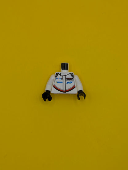 973pb3322c01 Torso Speed Champions with Mobil 1 and WEC Logo on Front, Porsche Design Logo on Back Pattern / White Arms / Black Hands Lego Part