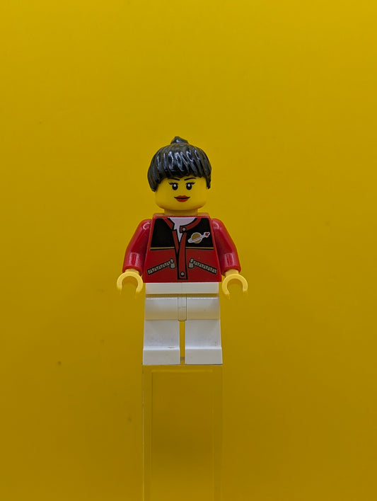 Red Jacket twn056a with Zipper Pockets and Classic Space Logo, White Legs, Black Female Ponytail Hair, Black Eyebrows City Lego Minifigure