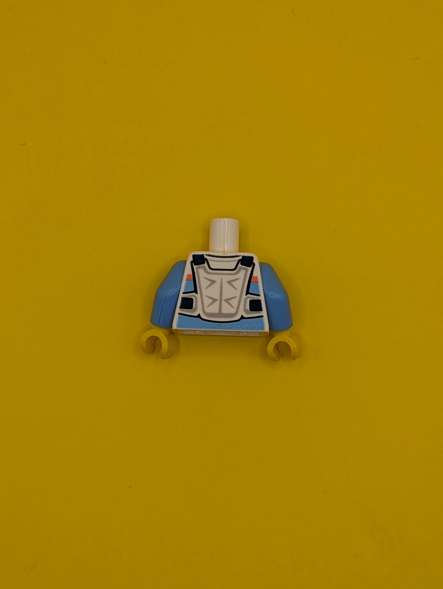 973pb4471c01 Torso Racing Suit, Bright Light Blue and Coral Stripes, White Chest Protector, Sport Mountains Logo Pattern / Medium Blue Arms / Yellow Hands Lego Part