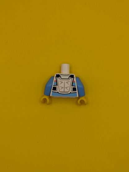 973pb4471c01 Torso Racing Suit, Bright Light Blue and Coral Stripes, White Chest Protector, Sport Mountains Logo Pattern / Medium Blue Arms / Yellow Hands Lego Part