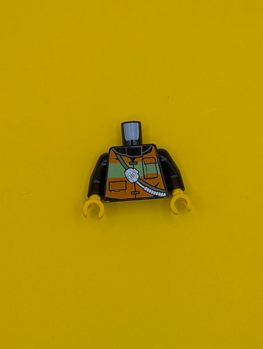 Torso Fire Reflective Stripe Vest with Pockets and Shoulder Strap with Radio and Fire Badge on Back Pattern / Black Arms / Yellow Hands 973pb1303c01 Lego