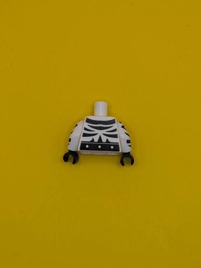 973pb2628c01 Torso Super Hero with Black Zebra Stripes and Belt on Front and Back Pattern / White Arms with Black Zebra Stripes Pattern / Black Hands Lego Part