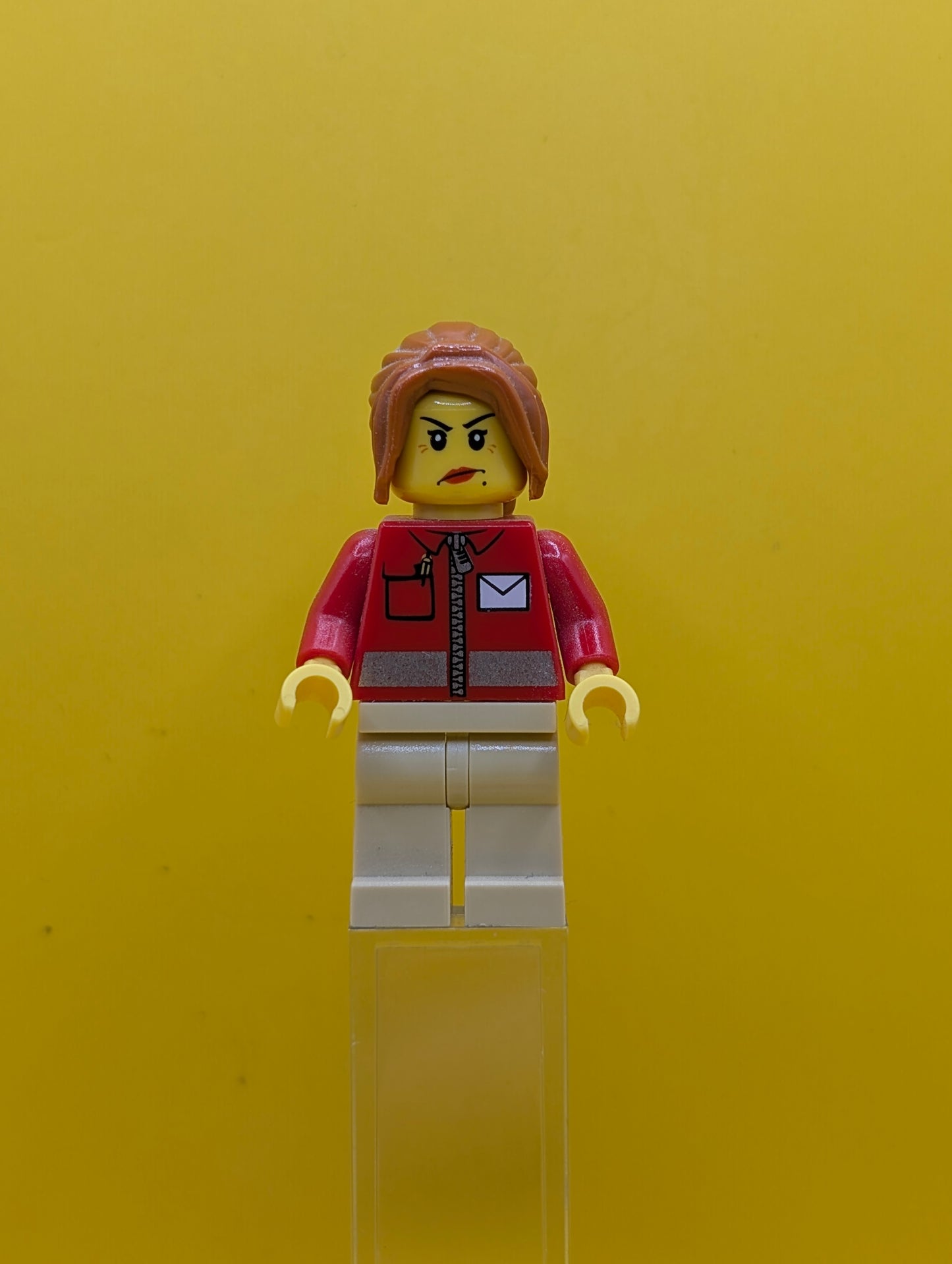 Post Office twn146 White Envelope and Stripe, Tan Legs, Dark Orange Ponytail Long with Side Bangs City Lego Minifigure