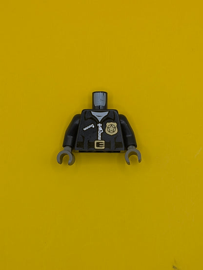 Torso Police Jacket with White Undershirt, Zippers, Gold Badge and Buckle with 'POLICE' Pattern on Back / Dark Blue Arms / Dark Bluish Gray Hands 973pb1547c01 Lego