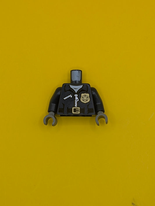 Torso Police Jacket with White Undershirt, Zippers, Gold Badge and Buckle with 'POLICE' Pattern on Back / Dark Blue Arms / Dark Bluish Gray Hands 973pb1547c01 Lego