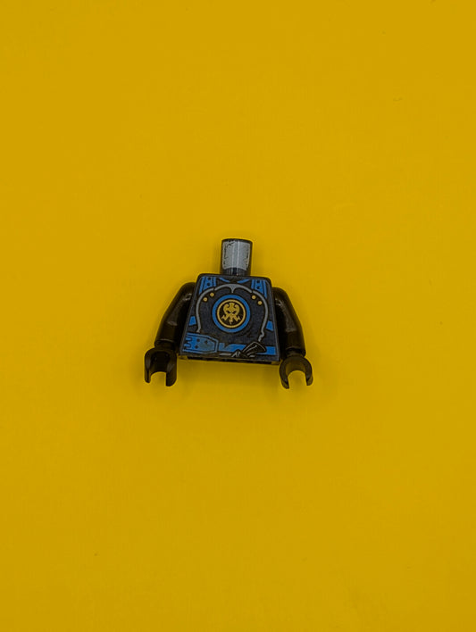 973pb2613c01 Torso Ninjago Armor with Blue Straps and Utility Belt with Lightning Power Emblem Pattern / Black Arms / Black Hands Lego Part