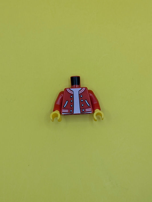 Torso Letterman Jacket with Striped Trim, Pockets, and Silver Buttons over White Shirt Pattern / Red Arms / Yellow Hands 973pb3624c01 Lego