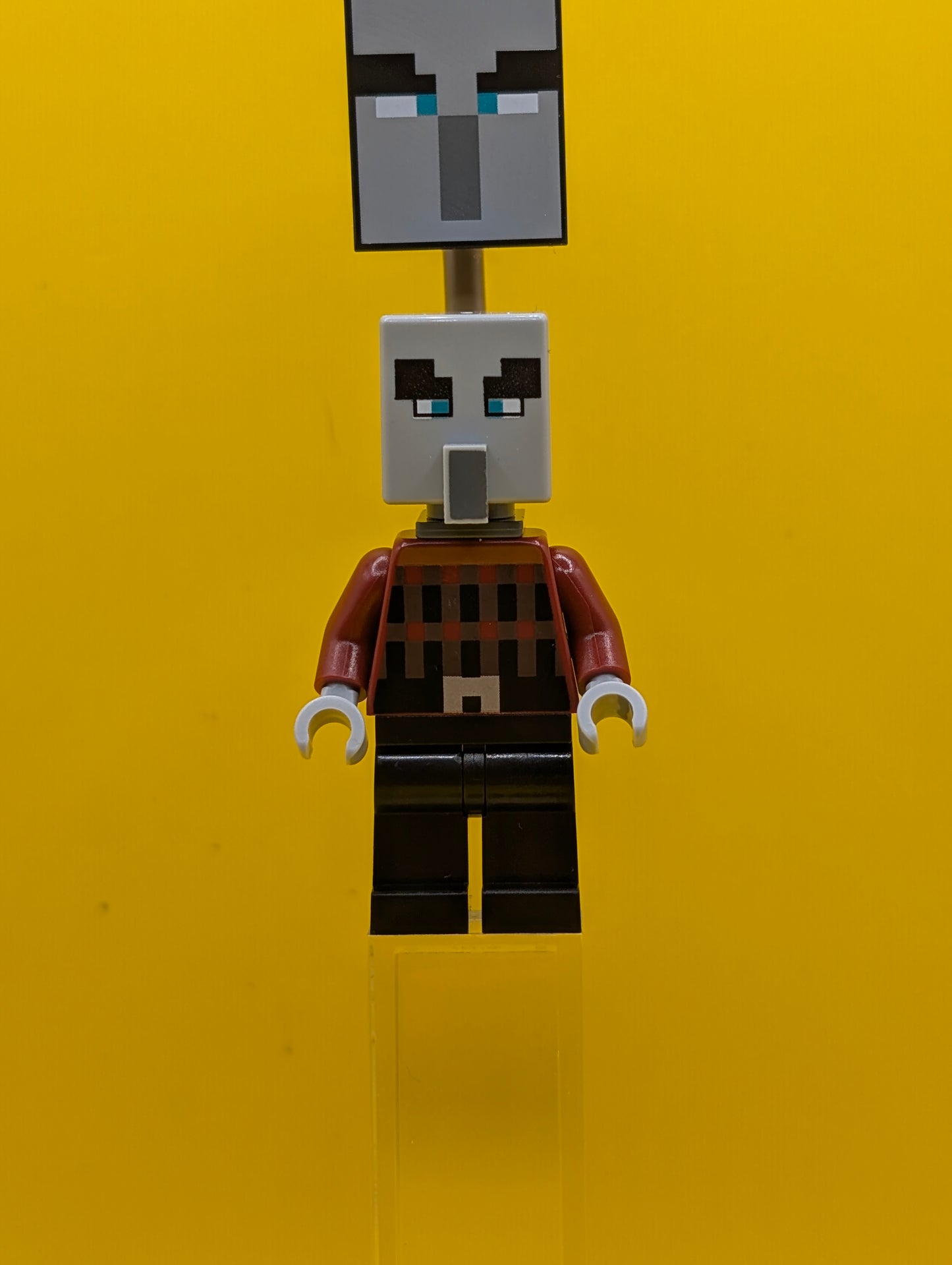 Illager (Pillager) min196 Narrow Eyes, Dark Bluish Gray Neck Bracket and Tile with Clip, Ominous Banner Minecraft Lego Minifigure