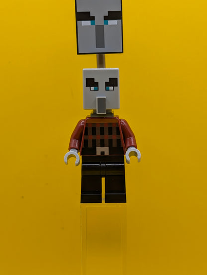 Illager (Pillager) min196 Narrow Eyes, Dark Bluish Gray Neck Bracket and Tile with Clip, Ominous Banner Minecraft Lego Minifigure