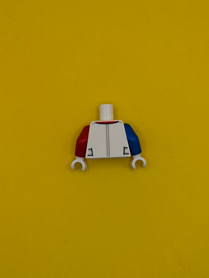 Torso Racing Suit, Zipper, 'RR' Logo, Flames Pattern / Red Arm Left / Blue Arm Right / White Hands 973pb4472c01 Lego
