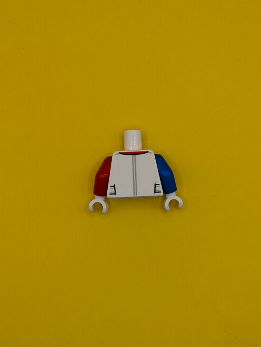 Torso Racing Suit, Zipper, 'RR' Logo, Flames Pattern / Red Arm Left / Blue Arm Right / White Hands 973pb4472c01 Lego