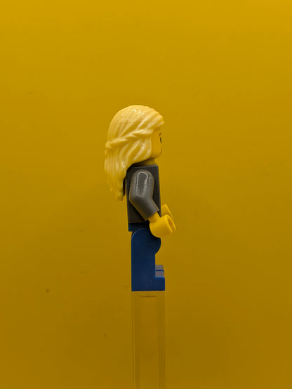 Dark Bluish Gray Jacket twn119 with Magenta Scarf, Blue Legs, Bright Light Yellow Female Hair Mid-Length City Lego Minifigure