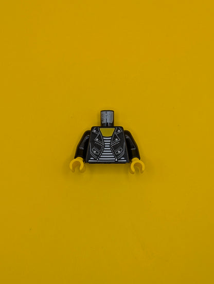 Torso Female Leather Jacket Open with Pockets and Silver Buttons and Zipper over Shirt with White Stripes, Yellow Neck Pattern / Black Arms / Yellow Hands 973pb2828c01 Lego