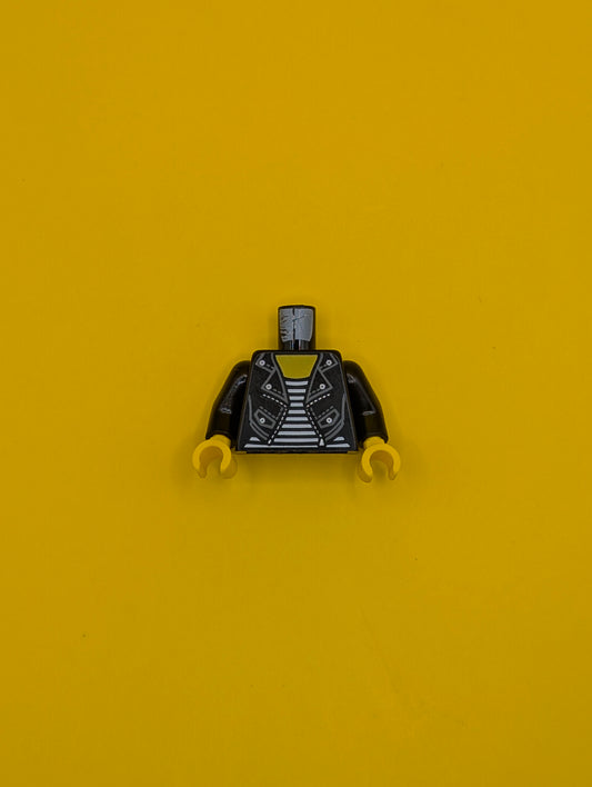 Torso Female Leather Jacket Open with Pockets and Silver Buttons and Zipper over Shirt with White Stripes, Yellow Neck Pattern / Black Arms / Yellow Hands 973pb2828c01 Lego