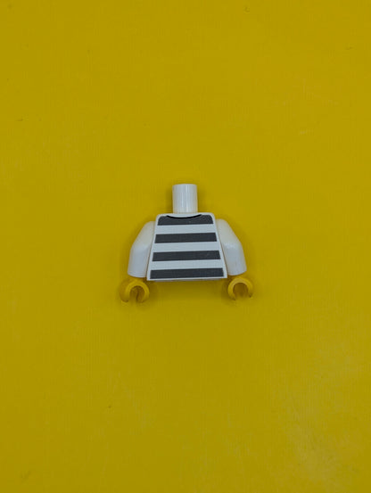 973pb3375c01 Torso Prison Uniform Shirt with '50380', 5 Buttons, and Dark Bluish Gray Stripes, Hairy Chest, Yellow Neck Pattern / White Arms / Yellow Hands Lego Part