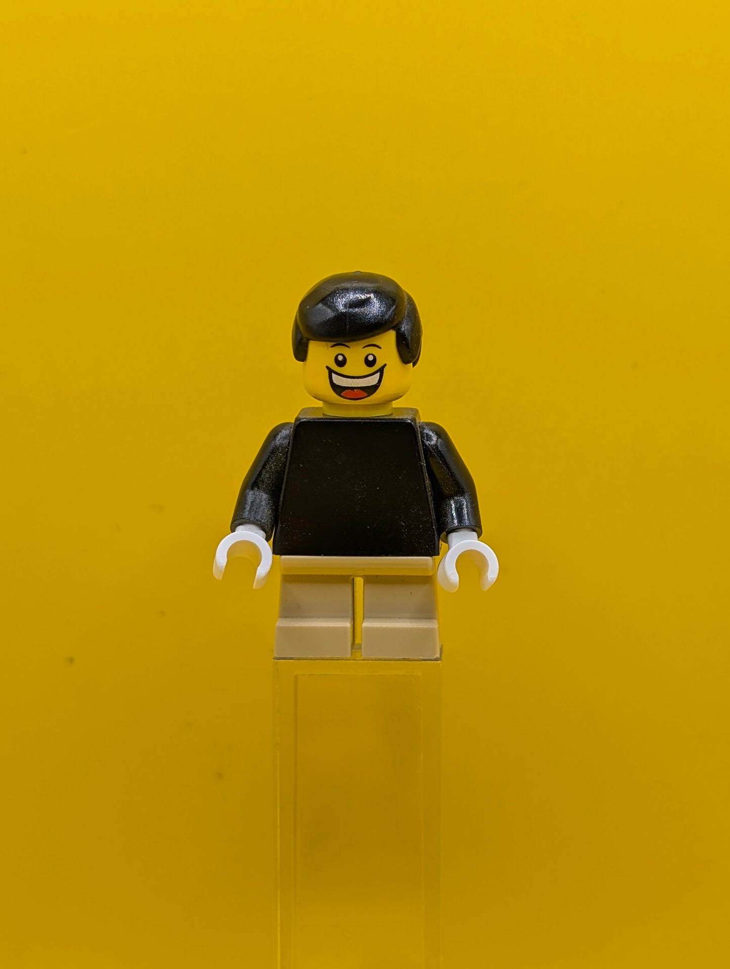 Plain Black Torso twn122 with Black Arms, Tan Short Legs, Black Male Hair City Lego Minifigure