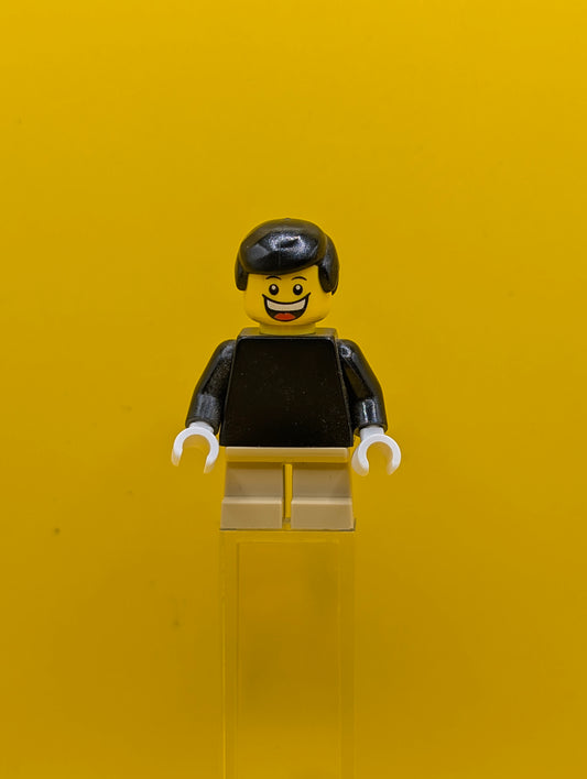 Plain Black Torso twn122 with Black Arms, Tan Short Legs, Black Male Hair City Lego Minifigure