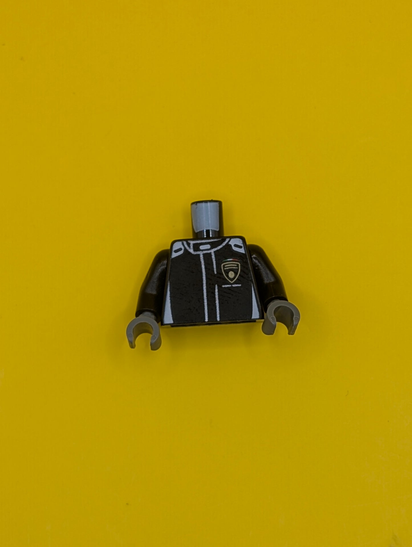 Torso Racing Suit with Vertical White Stripes and Lamborghini Logo on Front and Back Pattern / Black Arms / Dark Bluish Gray Hands 973pb3859c01 Lego
