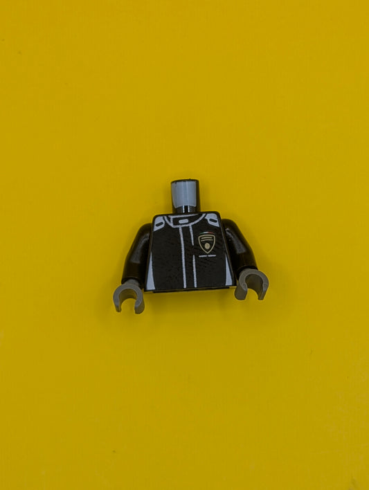 Torso Racing Suit with Vertical White Stripes and Lamborghini Logo on Front and Back Pattern / Black Arms / Dark Bluish Gray Hands 973pb3859c01 Lego