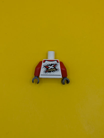 973pb3759c01 Torso Racing Suit with Red Collar and Stylized 'XTREME' Logo Pattern / Red Arms / Dark Bluish Gray Hands Lego Part