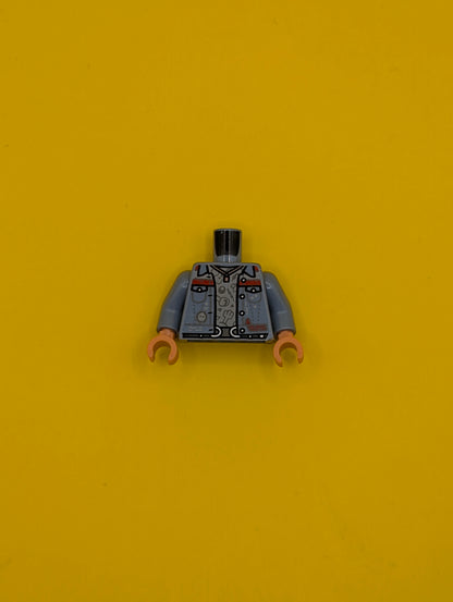 973pb4655c01 Torso Jacket with Pockets, Red Trim and Star over Light Bluish Gray Shirt, Belt with Silver Buckles Pattern / Sand Blue Arms / Nougat Hands Lego Part